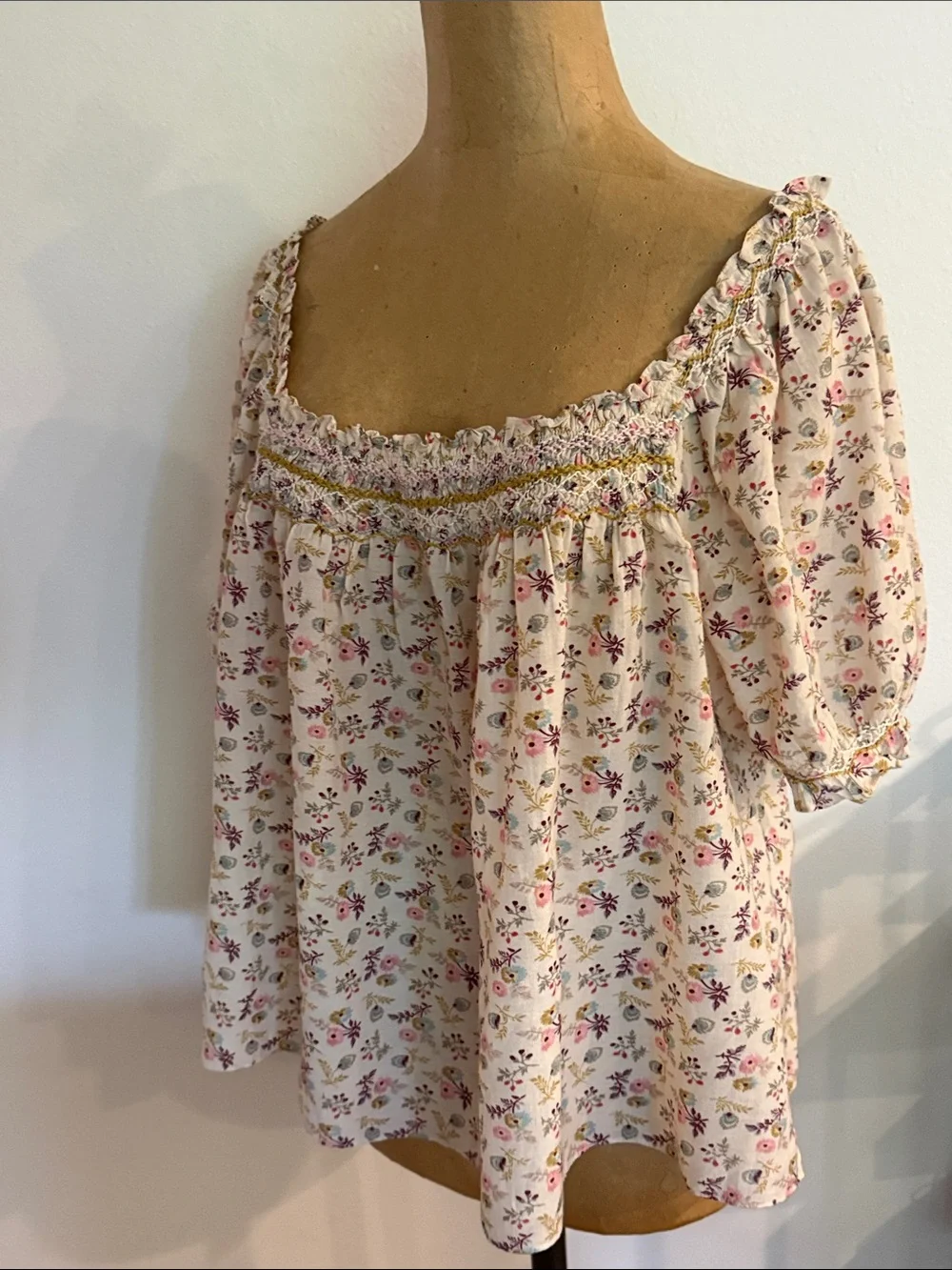 Doen Cream Floral Smocked Off-Shoulder Blouse with Pink & Green